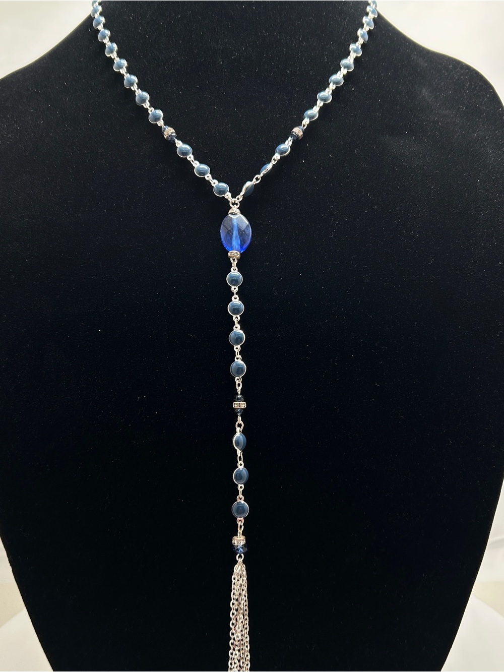 Silver And Blue Lariat Necklace With Chain Tassel, Glass , Acrylic